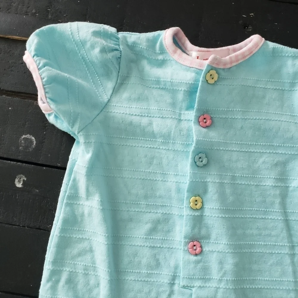 Little Red Hen Baby Girl 6/9 Months Two Pieces Set Blue Romper Bib Flower Button